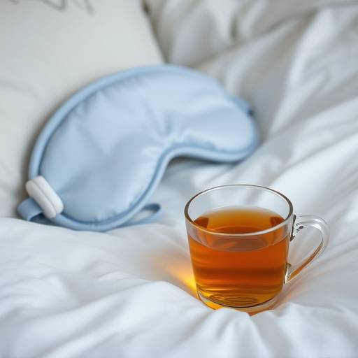 A collection of items promoting good sleep hygiene, including a sleep mask, earplugs, and a calming cup of herbal tea