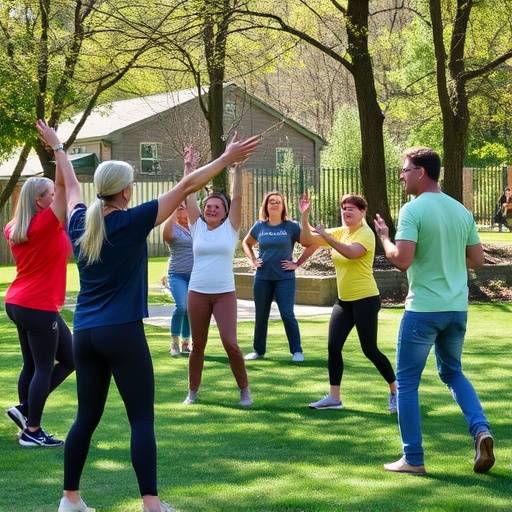 A diverse group of people exercising together outdoors, symbolizing community and healthy living.