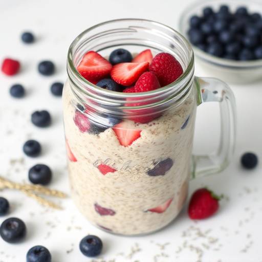 A glass jar filled with overnight oats topped with fresh berries and chia seeds