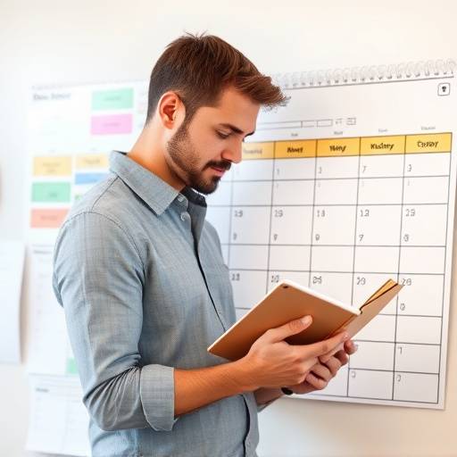 A person organizing their schedule with a planner and sticky notes
